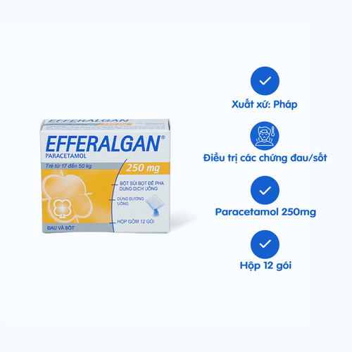 Bột sủi bọt Efferalgan 250mg trị đau đầu, đau răng, sốt, nhức mỏi cơ, đau bụng kinh (hộp 12 gói)