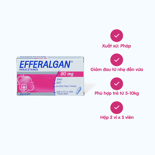 Viên đặt trực tràng Efferalgan 80mg giảm đau từ nhẹ đến vừa và hạ sốt (2 vỉ x 5 viên)