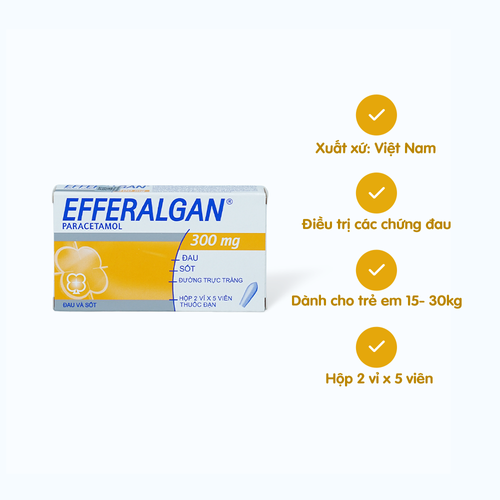 Viên đặt trực tràng Efferalgan 300mg điều trị đau đầu, đau răng, sốt, nhức mỏi cơ (1 vỉ x 10 viên)