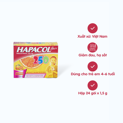 Bột sủi bọt Hapacol 250mg giảm đau, hạ sốt (hộp 24 gói)