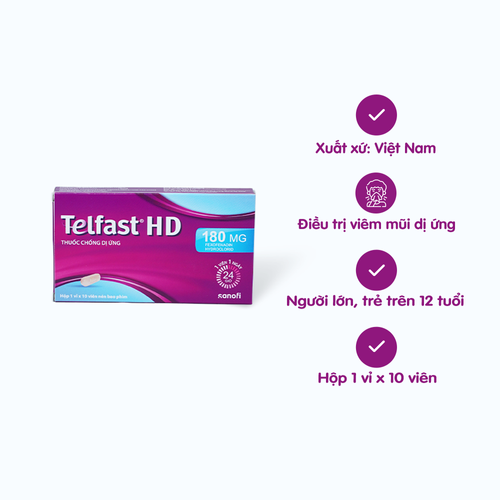 Viên nén bao phim Telfast HD 180mg điều trị viêm mũi dị ứng, mày đay (1 vỉ x 10 viên)