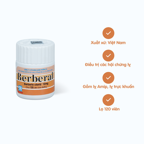 Viên nén bao đường Berberal 10mg trị lỵ trực khuẩn, lỵ amip, viêm ruột, tiêu chảy (chai 120 viên)