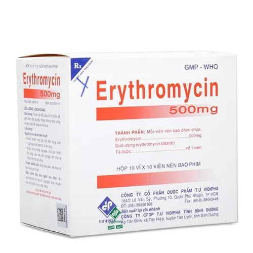 Viên nén Erythromycin 500mg - Vidipha điều trị nhiễm khuẩn đường hô hấp (10 vỉ x 10 viên)
