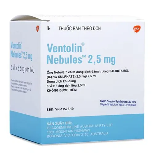 Dung dịch khí dung Ventolin Nebules Sol 2.5mg/2.5ml trị, ngăn ngừa co thắt phế quản (6 vỉ x 5 ống)
