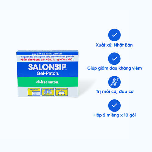 Cao dán Salonsip 14cmx10cm giảm đau vai, đau lưng, đau cơ, bầm tím (10 gói x 2 miếng)