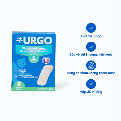 Băng cá nhân ít thấm nước URGO Washproof Large bảo vệ vết thương khỏi nước 3.8cm x 7.2cm (30 miếng)