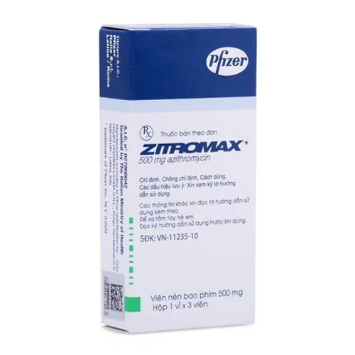 Viên nén Zitromax 500mg điều trị nhiễm khuẩn đường hô hấp (1 vỉ x 3 viên)