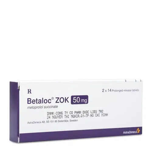 Viên giải phóng có kiểm soát Betaloc ZOK 50mg điều trị tăng huyết áp, đau thắt ngực (2 vỉ x 14 viên)