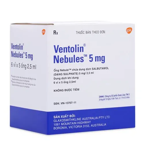 Dung dịch khí dung Ventolin Nebules Sol 5mg/2.5ml trị, ngăn ngừa co thắt phế quản (6 vỉ x 5 ống)