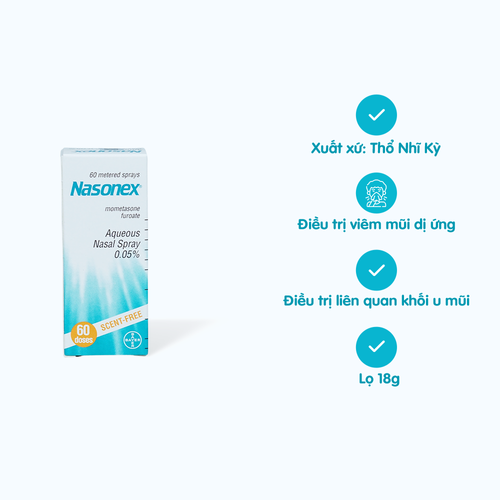 Thuốc xịt mũi Nasonex 50mcg trị viêm xoang, viêm mũi dị ứng, polyp mũi (chai 60 liều)
