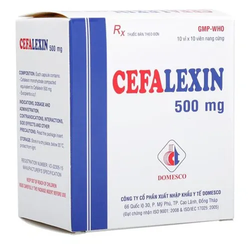 Viên nang Cefalexin 500mg - Domesco điều trị nhiễm khuẩn (10 vỉ x 10 viên)