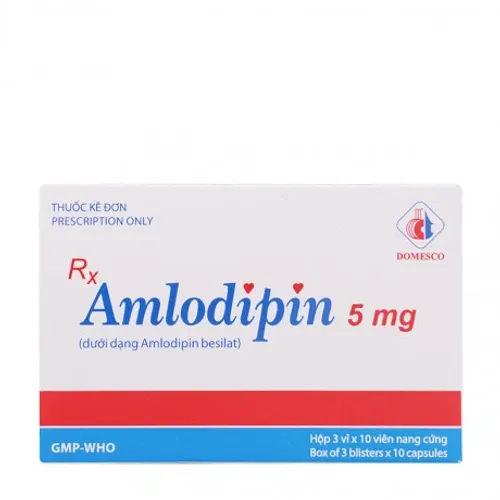 Viên nang Amlodipin 5mg điều trị tăng huyết áp, đau thắt ngực (3 vỉ x 10 viên)
