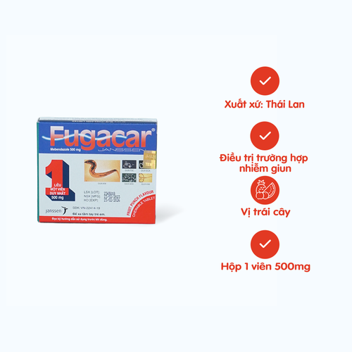 Viên nhai Fugacar 500mg (Chewable) điều trị nhiễm giun (1 vỉ x 1 viên)