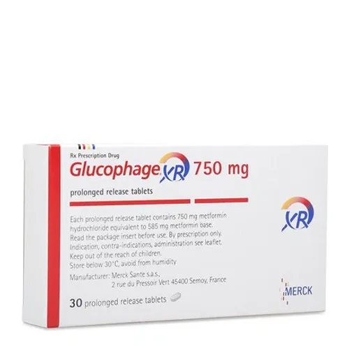 Viên giải phóng có kiểm soát Glucophage XR 750mg điều trị đái tháo đường type 2 (2 vỉ x 15 viên)
