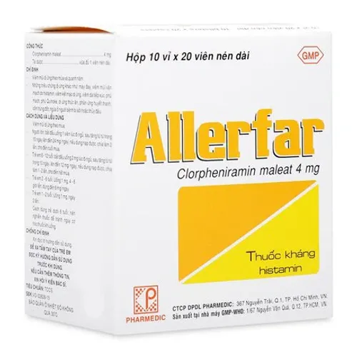 Viên nén Allerfar 4mg điều trị triệu chứng viêm mũi dị ứng, mày đay (10 vỉ x 20 viên)
