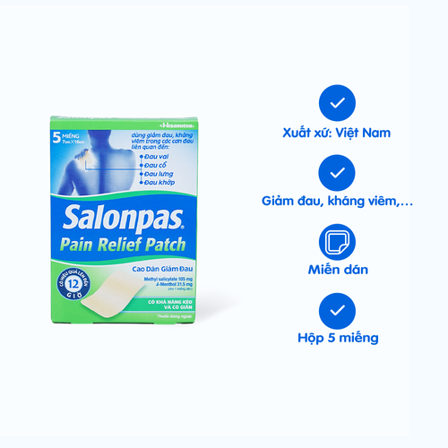 Cao dán Salonpas pain relief patch 7cmx10cm giảm đau vai, đau cổ, đau lưng, đau khớp (hộp 5 miếng)
