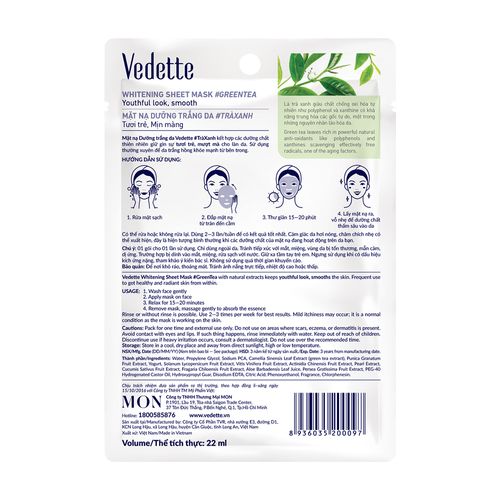 Mặt nạ giấy dưỡng trắng da trà xanh Vedette (25g)