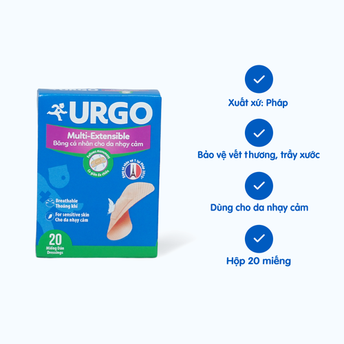 Băng cá nhân dành cho da nhạy cảm URGO Multi-Extensible bảo vệ vết thương nhỏ 2cm x 7.2cm (Hộp 20 miếng)