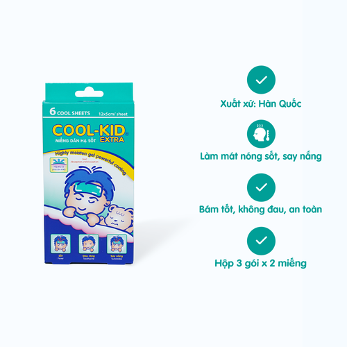 Miếng dán hạ sốt COOL-KID Extra giúp làm mát nơi dán khi bị nóng sốt do viêm nhiễm, say nắng (Hộp 3 gói x 2 miếng)