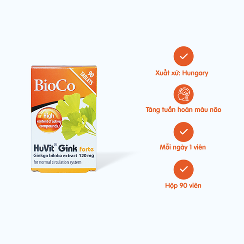 Viên uống BioCo HuVit Gink forte hỗ trợ hoạt huyết, tan máu đông, tăng cường lưu thông máu lên não (Hộp 90 viên)