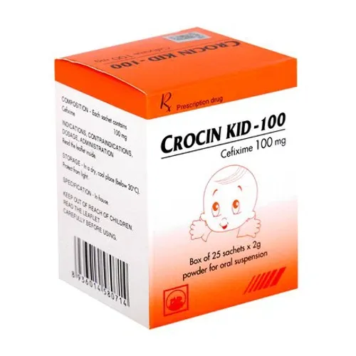 Bột pha uống Crocin 100mg Kid kháng sinh điều trị nhiễm khuẩn (hộp 25 gói)