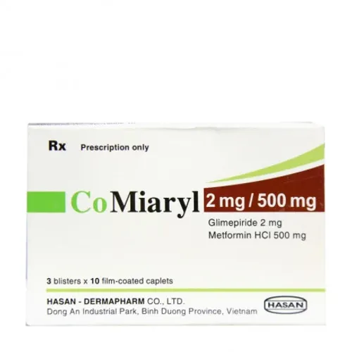 Viên nén Comiaryl 2mg/500mg điều trị đái tháo đường type 2 (3 vỉ x 10 viên)