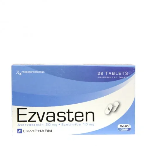 Viên nén Ezvasten 20mg/10mg điều trị tăng cholesterol máu, phòng ngừa bệnh tim mạch (4 vỉ x 7 viên)