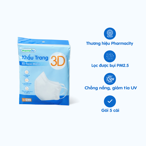 Khẩu trang 3D chất lượng cao Pharmacity lọc bụi mịn, giảm tia UV, và bảo vệ làn da(5 cái/gói)