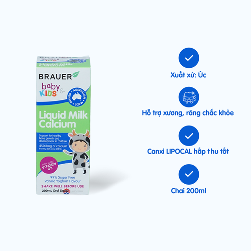 Siro BRAUER Kids Liquid Milk Calcium - Bổ sung Canxi dạng sữa cho trẻ trên 7 tháng tuổi (chai 200ml)
