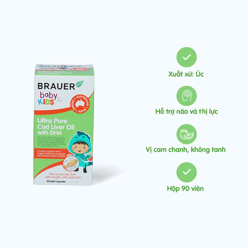 Viên uống BRAUER Baby & Kids Ultra Pure Cod Liver Oil with DHA - Bổ sung DHA tinh khiết từ gan cá Tuyết hỗ trợ sức khỏe của mắt, da và sự phát triển xương cho trẻ từ 1 tuổi (Hộp 90 viên)