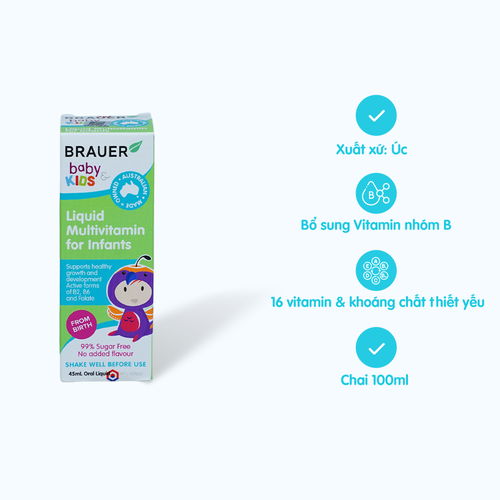 Siro BRAUER Baby & Kids Liquid Multivitamin For Toddlers bổ sung một số vitamin và khoáng chất cho trẻ từ 1-3 tuổi (Chai 100ml)
