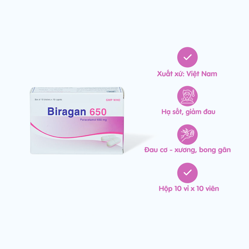 Viên nén Biragan 650mg giảm đau từ nhẹ đến vừa và hạ sốt (10 vỉ x 10 viên)