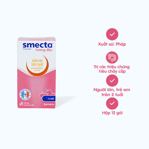 Bột pha uống Smecta 3g Hương Dâu điều trị tiêu chảy, rối loạn tiêu hóa (hộp 12 gói)