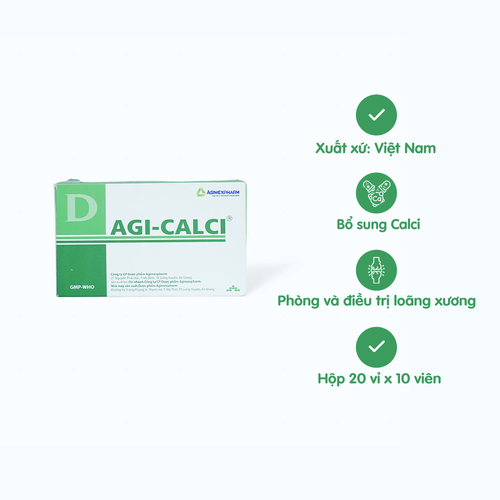 Viên nén Agi-Calci 1250mg bổ sung calci, D3 phòng và điều trị loãng xương (20 vỉ x 10 viên)