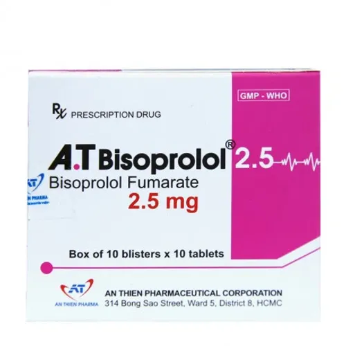 Viên nén A.T Bisoprolol 2.5mg điều trị tăng huyết áp, đau thắt ngực, suy tim (10 vỉ x 10 viên)