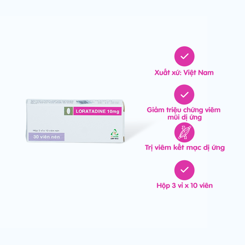 Viên nén Loratadin 10mg TV.Pharm trị viêm mũi dị ứng, mày đay, ngứa (3 vỉ x 10 viên)