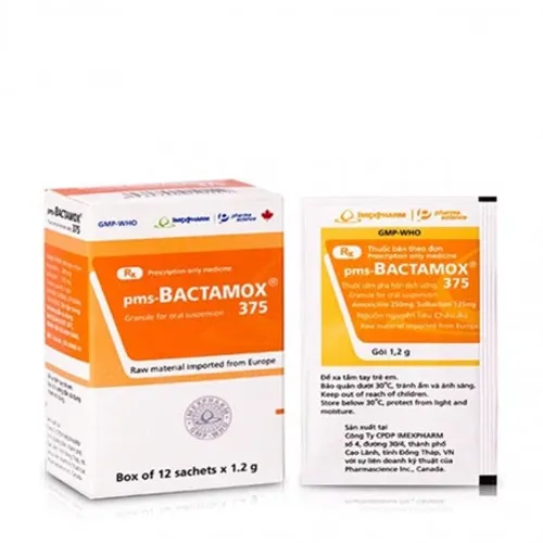 Thuốc cốm pha hỗn dịch uống Bactamox 375mg điều trị nhiễm khuẩn (hộp 12 gói)