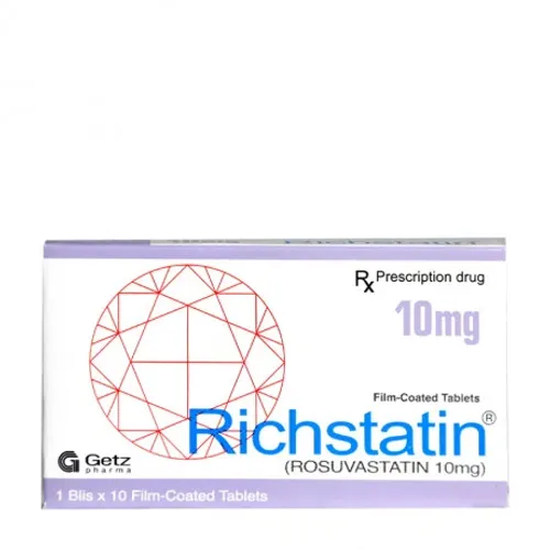 Viên nén bao phim Richstatin 10mg Getz điều trị rối loạn mỡ máu (1 vỉ x 10 viên)