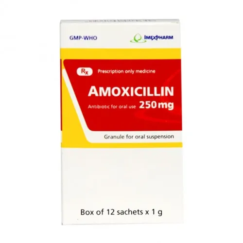 Thuốc cốm pha hỗn dịch uống Amoxicillin 250mg Imexpharm điều trị nhiễm khuẩn (hộp 12 gói)