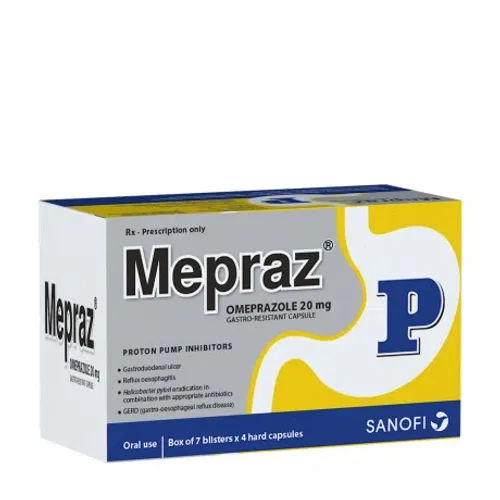 Viên nang Mepraz 20mg điều trị loét dạ dày, tá tràng, viêm thực quản (7 vỉ x 4 viên)