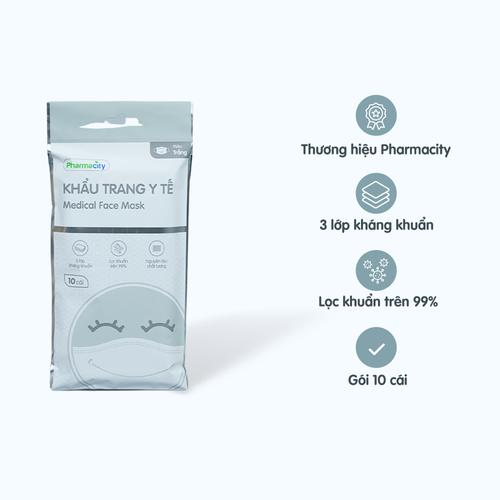 Khẩu trang y tế 3 lớp màu trắng Pharmacity bảo vệ khỏi vi khuẩn, khói và bụi mịn (Gói 10 cái)