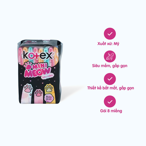 Băng vệ sinh Kotex Mini Meow siêu mềm 24cm (Gói 8 miếng)