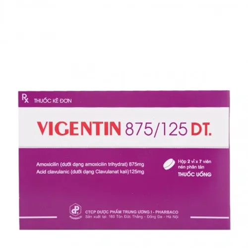 Viên nén phân tán Vigentin 875mg/125mg DT điều trị nhiễm khuẩn (2 vỉ x 7 viên)