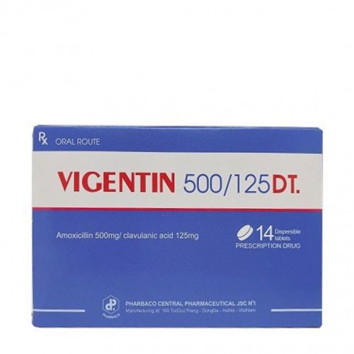 Viên nén phân tán Vigentin 500mg/125mg DT điều trị nhiễm khuẩn (2 vỉ x 7 viên)