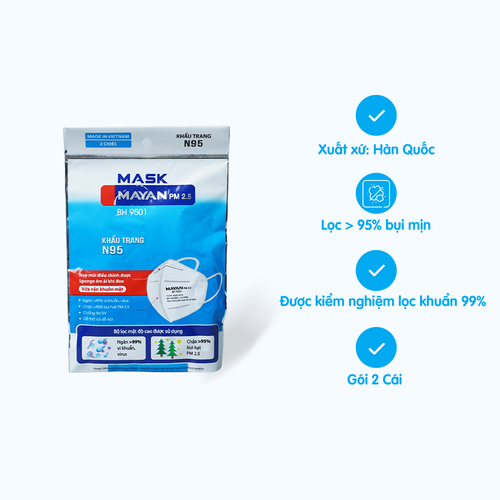 Khẩu trang MAYAN tiêu chuẩn N95 PM 2.5 BH9501 chống khói bụi và ngăn 99% vi khuẩn, virus (Gói 2 cái)