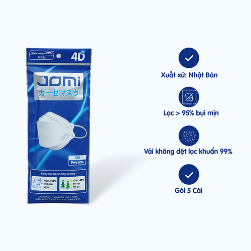 Khẩu trang JOMI tiêu chuẩn N95 4D chống khói bụi và ngăn 99% vi khuẩn, virus (Gói 5 cái)