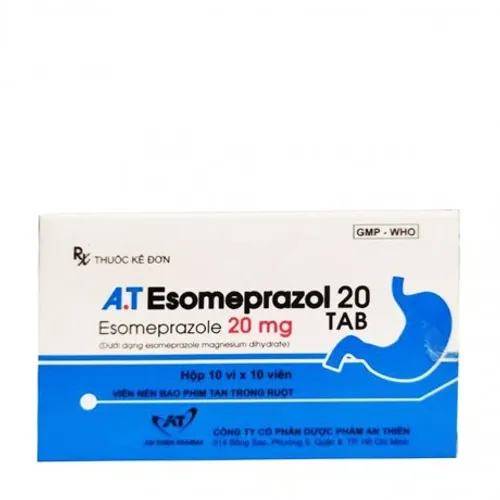 Viên nén A.T Esomeprazol 20mg trị loét dạ dày tá tràng, viêm thực quản trào ngược (10 vỉ x 10 viên)