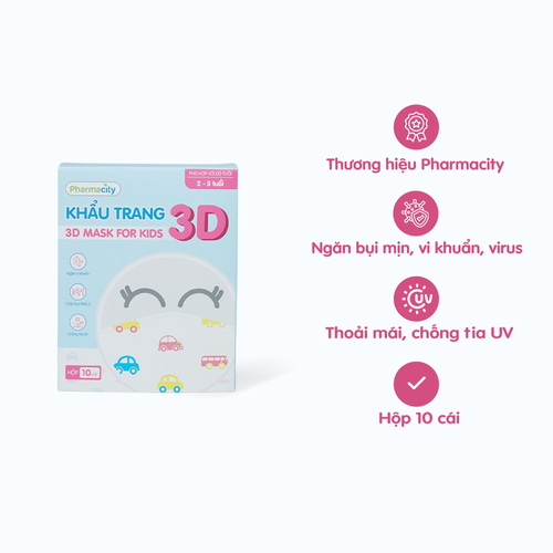 Khẩu trang 3 lớp cho trẻ 2-5 tuổi Pharmacity 3D Mask For Kids (Hộp 10 cái)