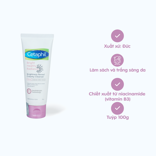 Sữa rửa mặt CETAPHIL Bright Healthy Radiance Brightness Reveal Creamy Cleanser giúp làm sạch da (Tuýp 100g)
