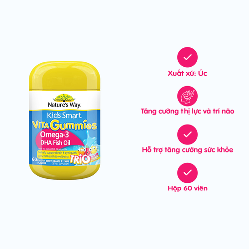 Kẹo dẻo Nature's Way Kids Smart Vita Gummies Omega-3 DHA Fish Oil hỗ trợ bổ sung omega 3 tốt cho não và mắt của trẻ(Hộp 60 viên)